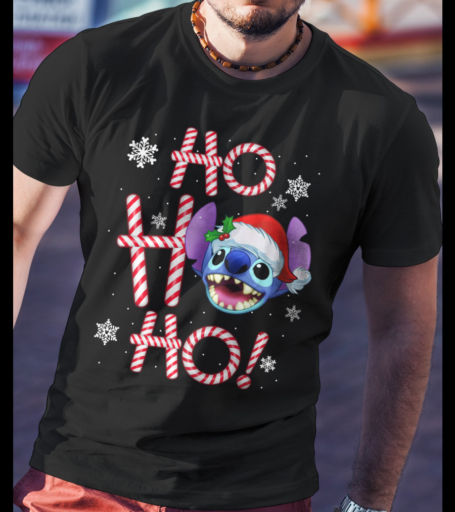Ho Ho Ho Stitch Santa Hat Snowflakes Candy Cane T-Shirt