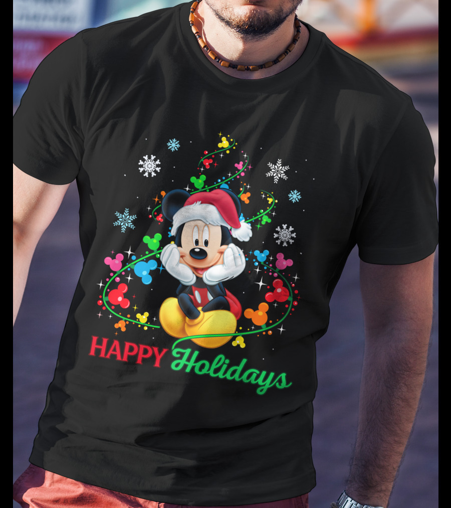 Mickey Happy Holidays Snowflakes Christmas Lights T-Shirt