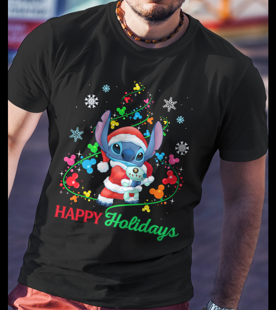 Happy Holidays Stitch Santa With Snowflakes And Mickey Mouse Ears T-Shirt