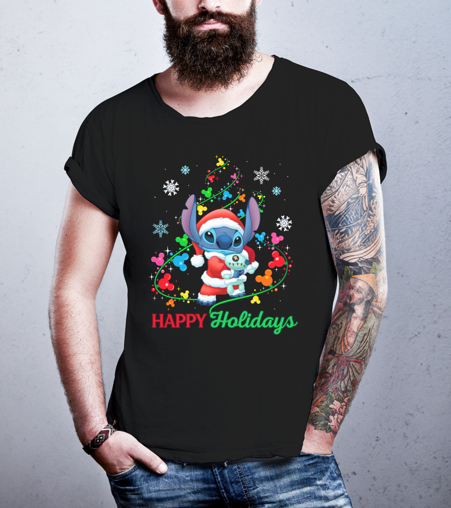 Happy Holidays Stitch Santa With Snowflakes And Mickey Mouse Ears T-Shirt