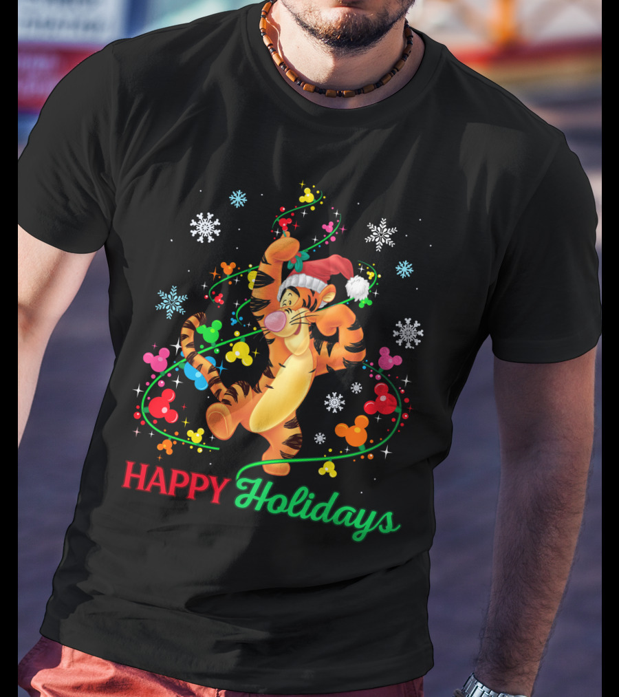Tigger Happy Holidays Santa Hat Colorful Ornaments Mickey Mouse Ears Snowflakes T-Shirt