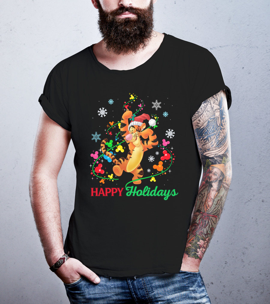 Tigger Happy Holidays Santa Hat Colorful Ornaments Mickey Mouse Ears Snowflakes T-Shirt