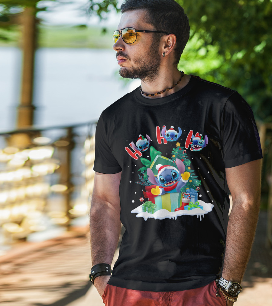 Stitch Holiday Ho Ho Ho Christmas Tree Presents T-Shirt