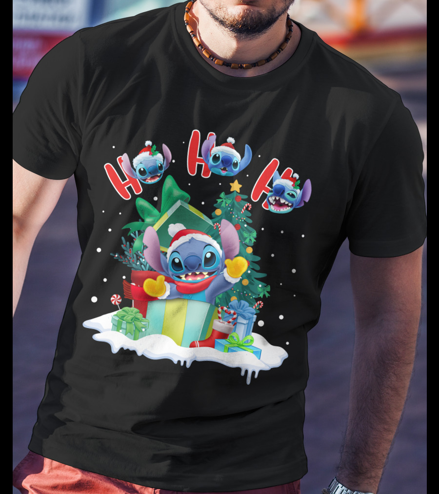 Stitch Holiday Ho Ho Ho Christmas Tree Presents T-Shirt