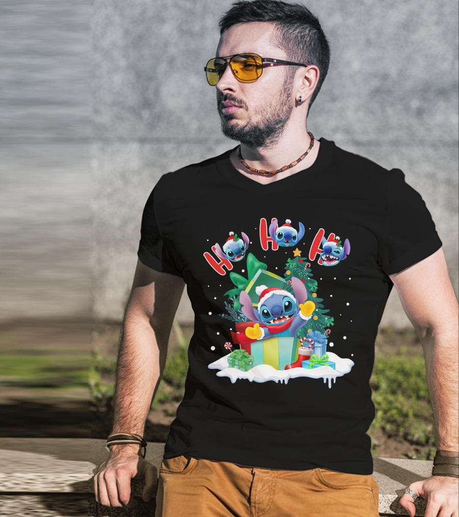 Stitch Holiday Ho Ho Ho Christmas Tree Presents T-Shirt