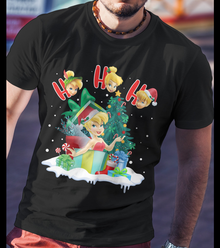 Tinkerbell Christmas Ho Ho Ho Holiday Cheer With Gifts And Tree T-Shirt