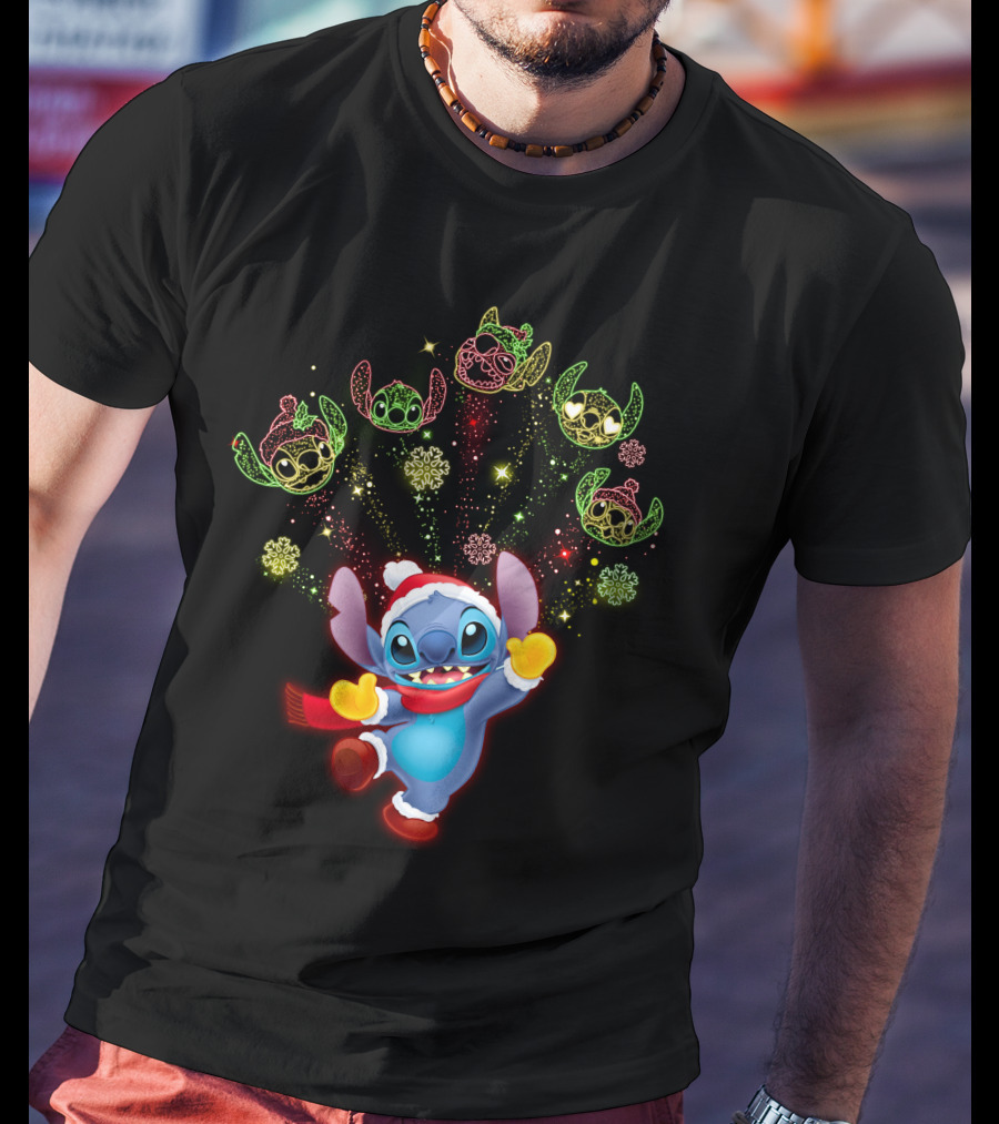 Stitch Holiday Festive Celebration With Santa Hat And Colorful Lights T-Shirt