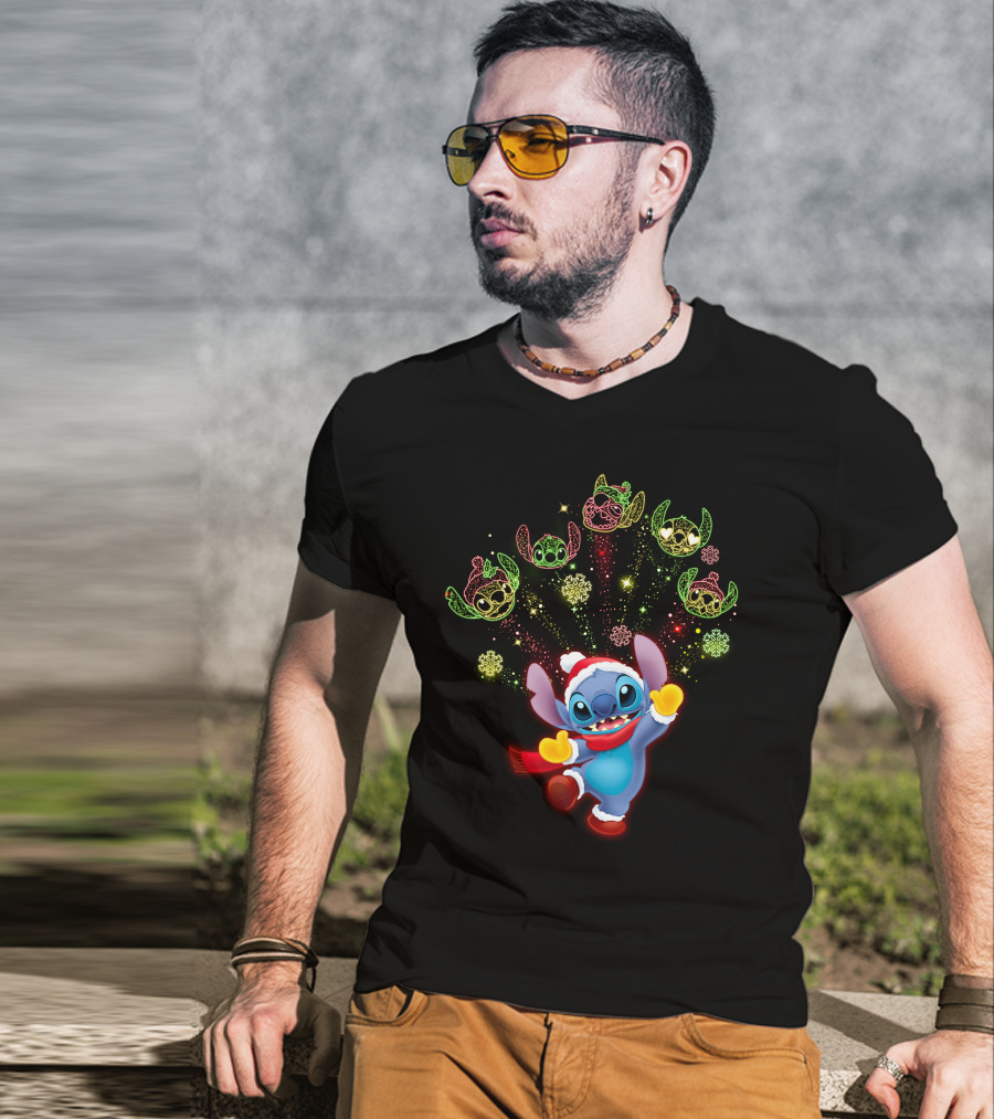 Stitch Holiday Festive Celebration With Santa Hat And Colorful Lights T-Shirt