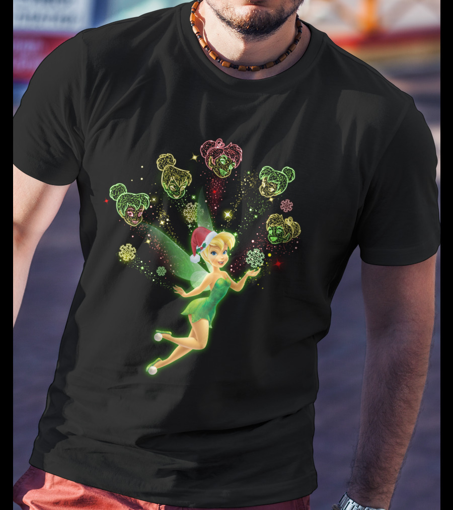 Tinkerbell Christmas Holiday Magic With Santa Hat And Glittering Stars T-Shirt