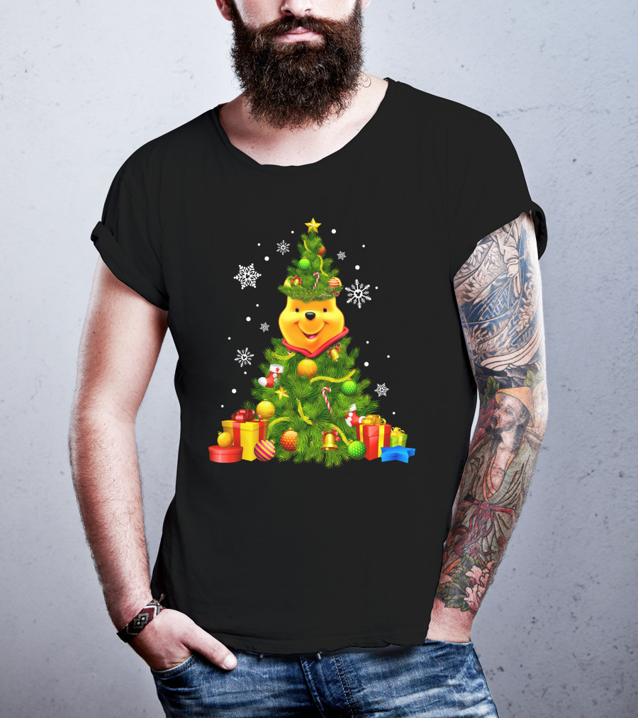 Pooh Christmas Tree With Snowflakes And Gifts T-Shirt