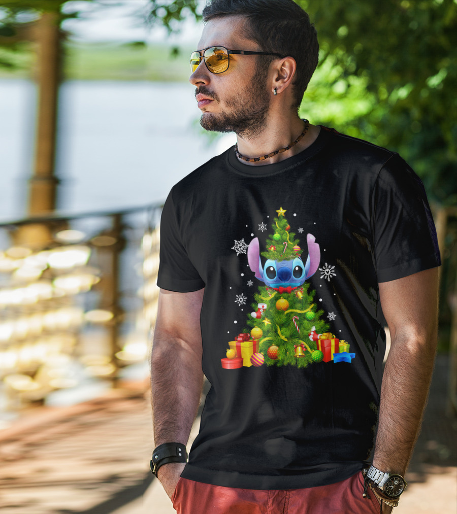 Stitch Christmas Tree With Gifts And Snowflakes T-Shirt