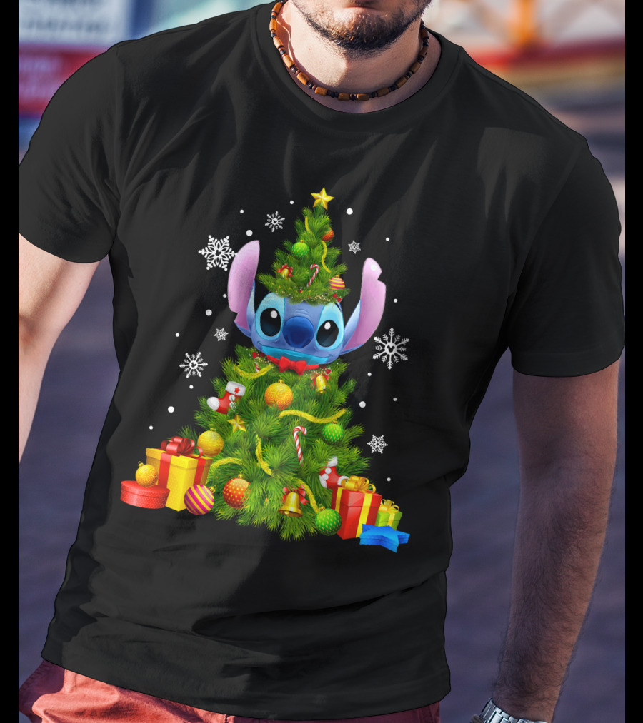 Stitch Christmas Tree With Gifts And Snowflakes T-Shirt