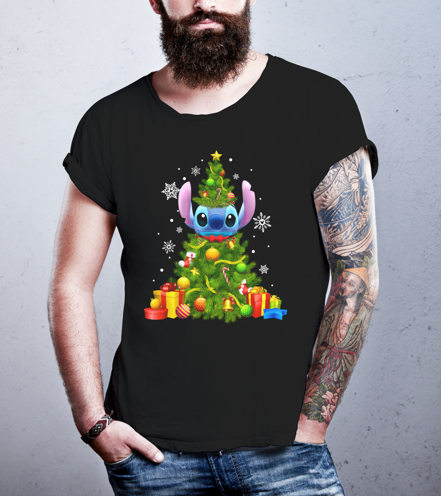 Stitch Christmas Tree With Gifts And Snowflakes T-Shirt