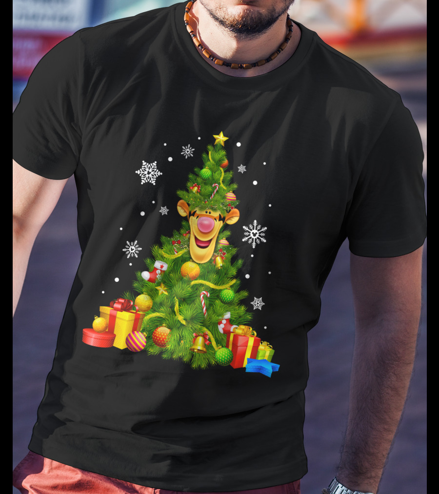 Tigger Christmas Tree With Snowflakes And Gifts T-Shirt