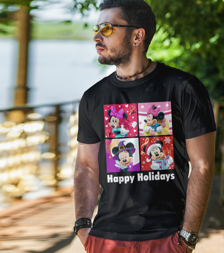 Minnie Happy Holidays With Hearts Bows Witch Hat Santa Hat And Gifts T-Shirt