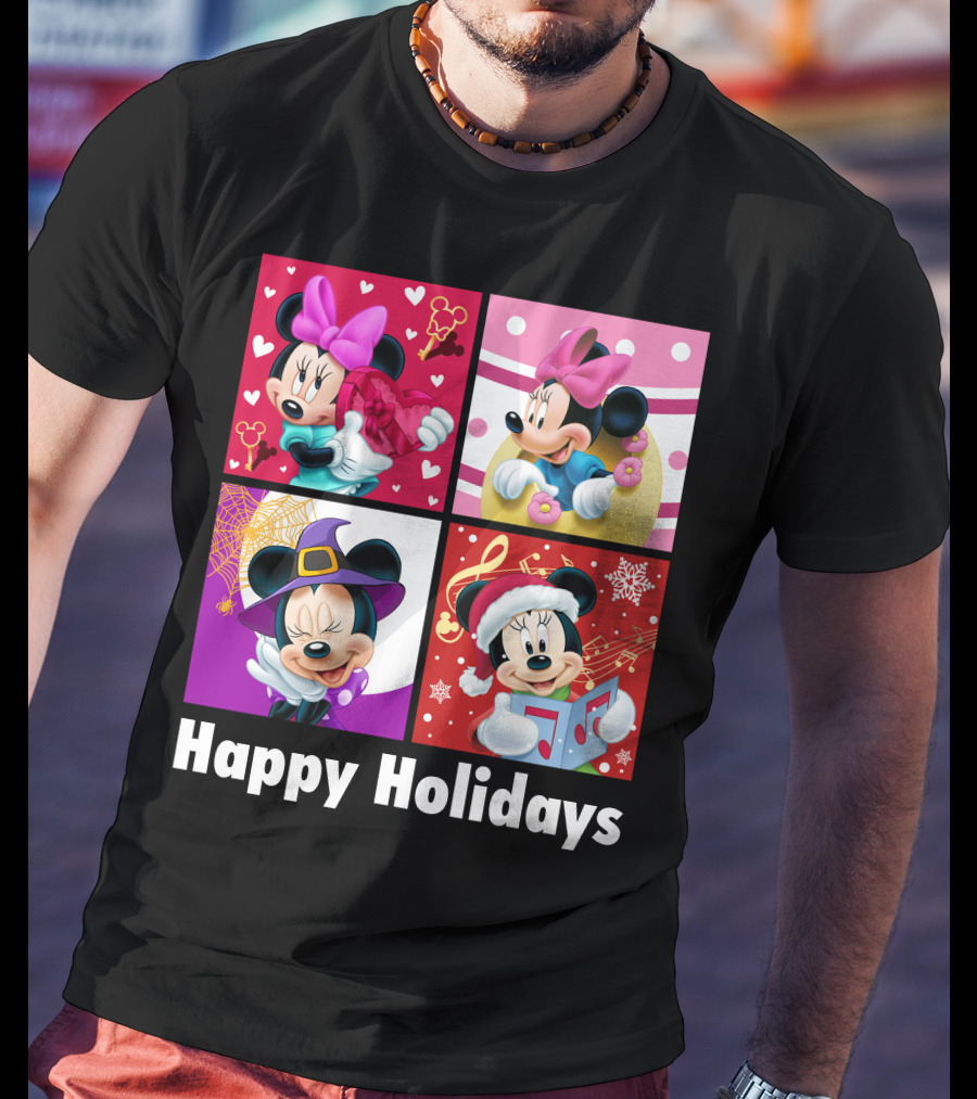 Minnie Happy Holidays With Hearts Bows Witch Hat Santa Hat And Gifts T-Shirt