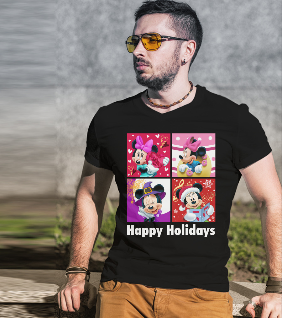 Minnie Happy Holidays With Hearts Bows Witch Hat Santa Hat And Gifts T-Shirt