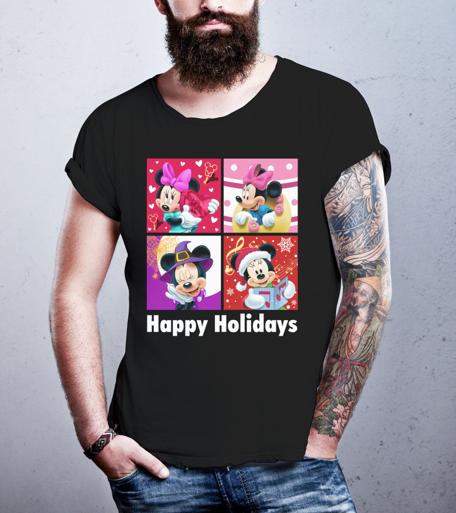Minnie Happy Holidays With Hearts Bows Witch Hat Santa Hat And Gifts T-Shirt