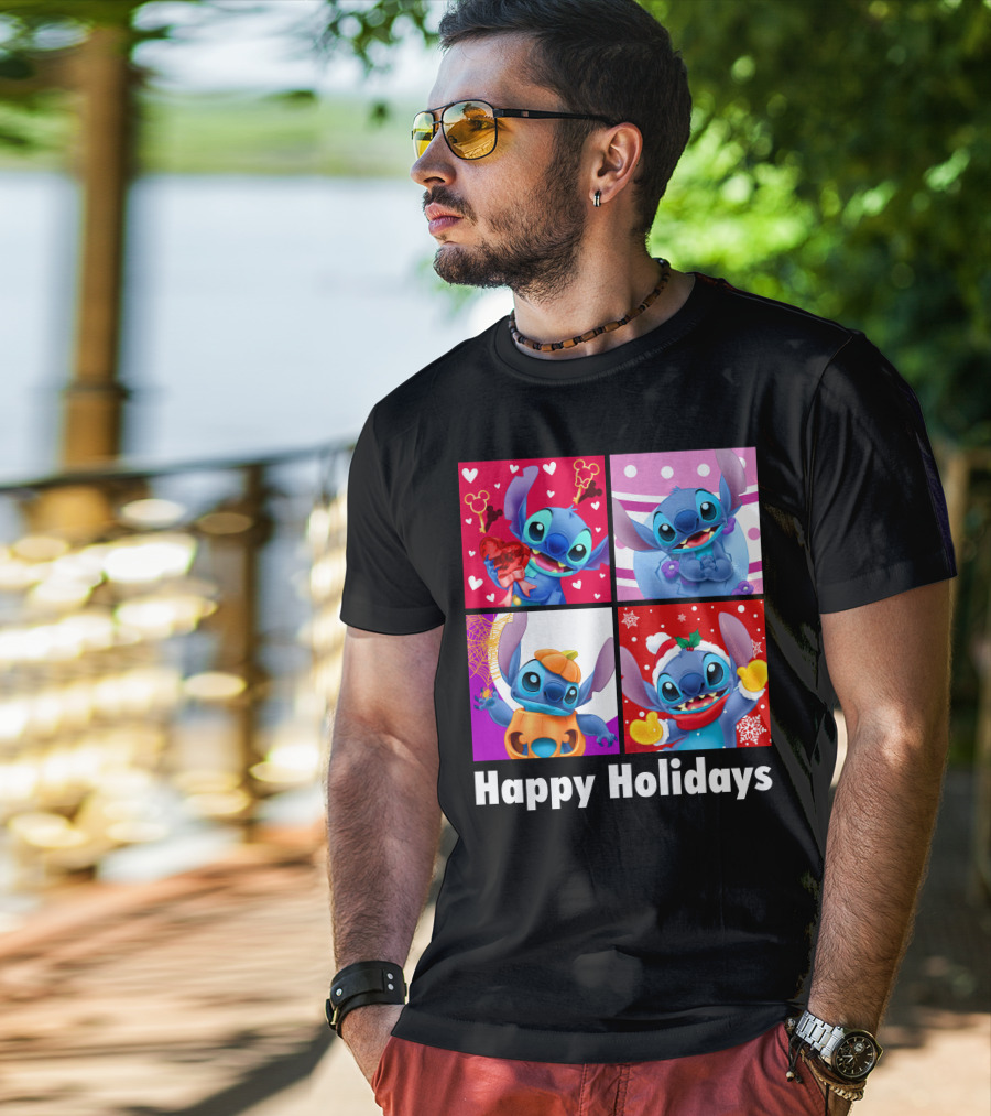 Happy Holidays Stitch Seasonal Mickey Hearts Christmas Pumpkin T-Shirt