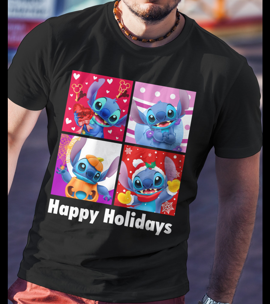 Happy Holidays Stitch Seasonal Mickey Hearts Christmas Pumpkin T-Shirt