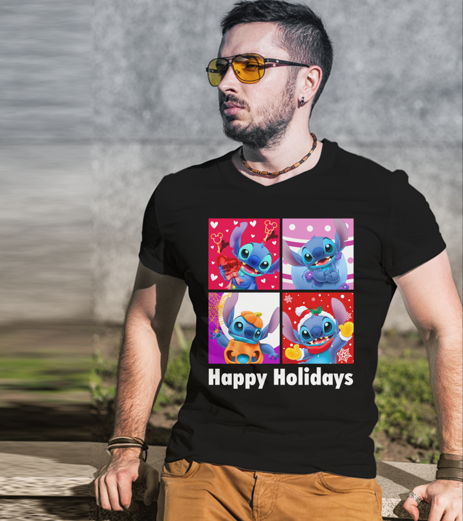 Happy Holidays Stitch Seasonal Mickey Hearts Christmas Pumpkin T-Shirt