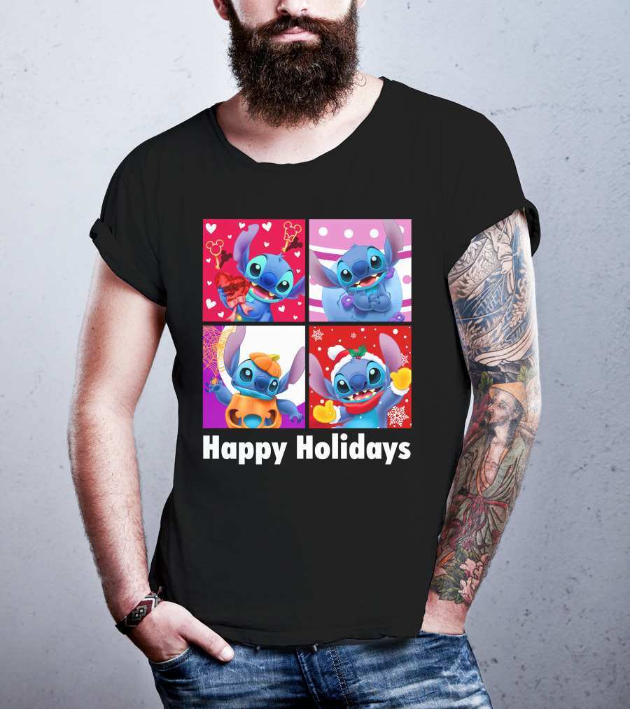 Happy Holidays Stitch Seasonal Mickey Hearts Christmas Pumpkin T-Shirt