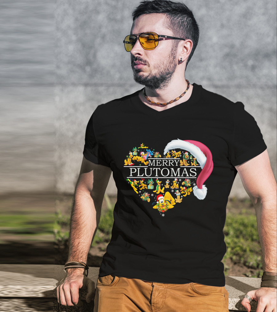 Merry Plutomas Heart With Santa Hat And Festive Pluto Characters T-Shirt