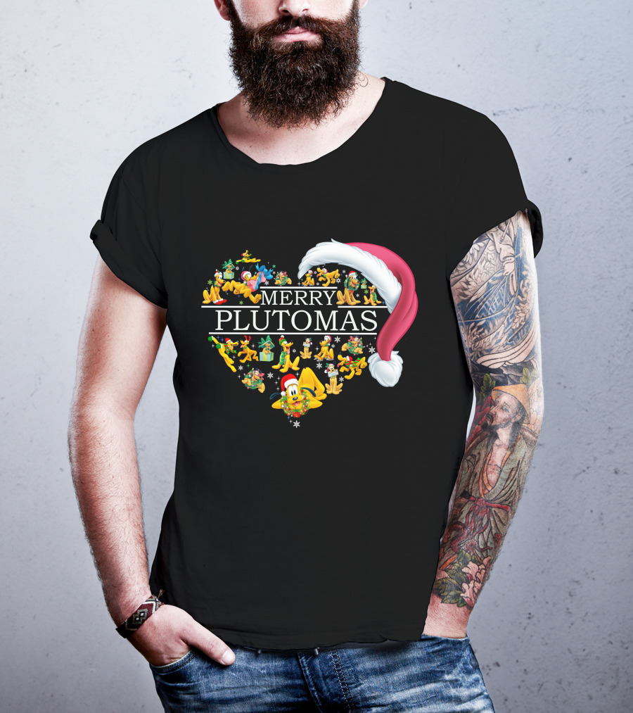 Merry Plutomas Heart With Santa Hat And Festive Pluto Characters T-Shirt