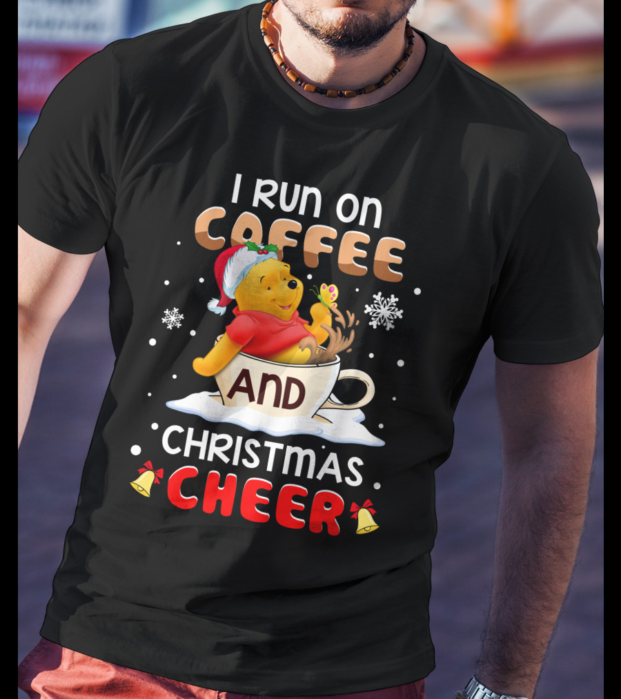 I Run On Coffee And Christmas Cheer Snowflakes Bells Santa Hat Cup Cartoon Bear T-Shirt