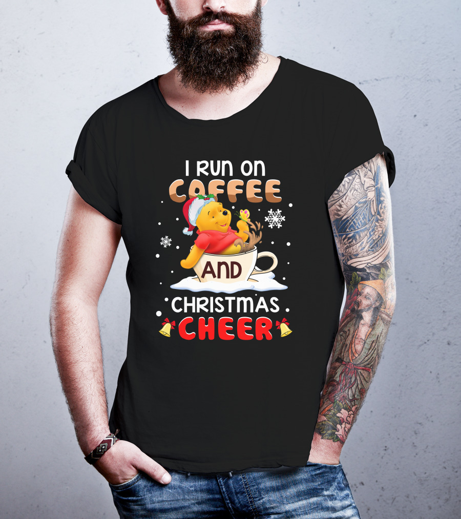 I Run On Coffee And Christmas Cheer Snowflakes Bells Santa Hat Cup Cartoon Bear T-Shirt