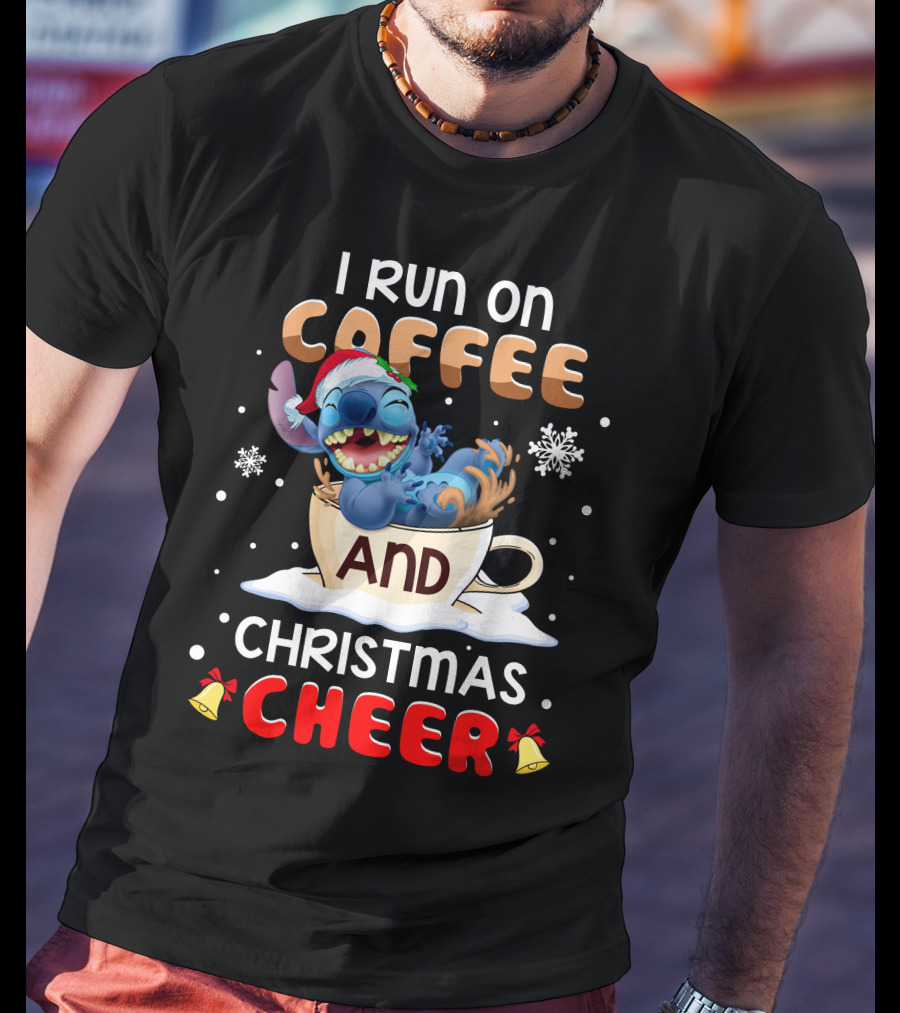 I Run On Coffee And Christmas Cheer Stitch Santa Hat Snowflakes Holiday T-Shirt