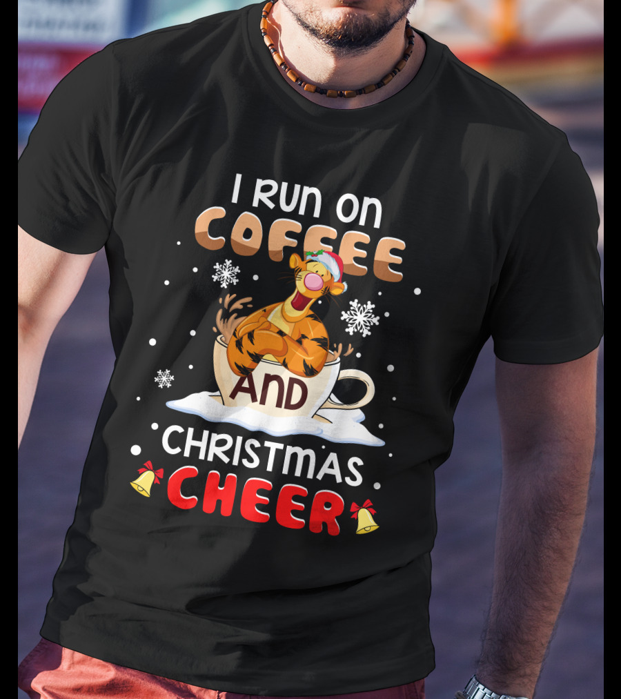 I Run On Coffee And Christmas Cheer Tigger Holiday Santa Hat Snowflakes Bells T-Shirt