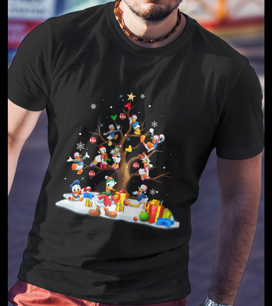 Donald Daisy Christmas Tree With Disney Characters And Snowflakes T-Shirt