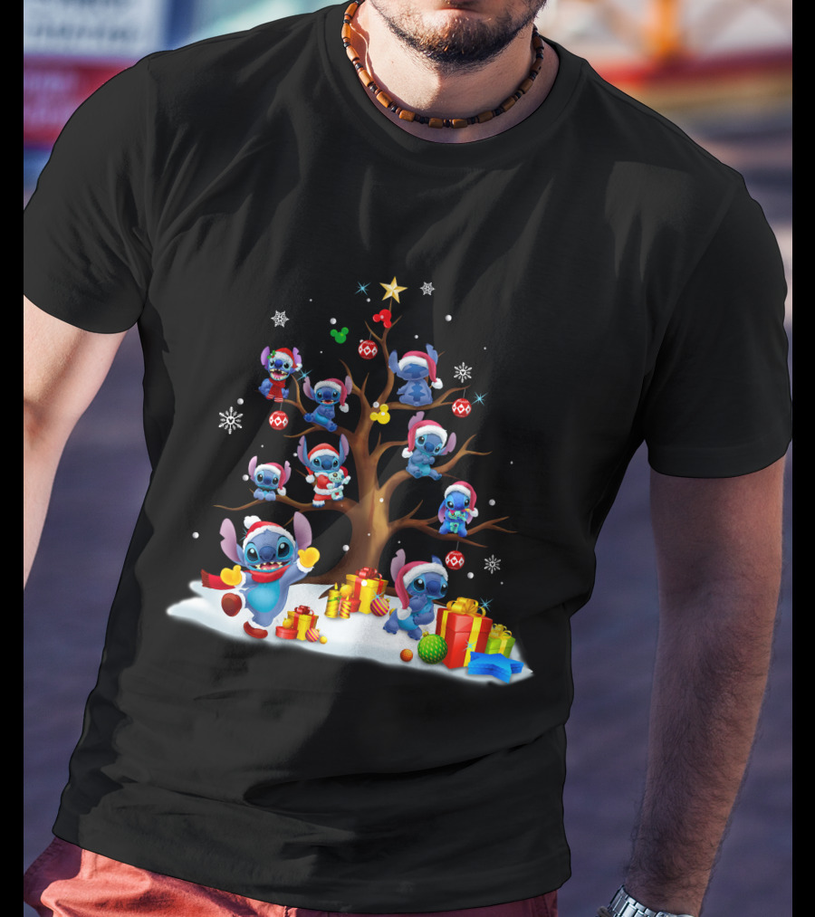 Stitch Christmas Tree With Santa Hats And Gifts T-Shirt