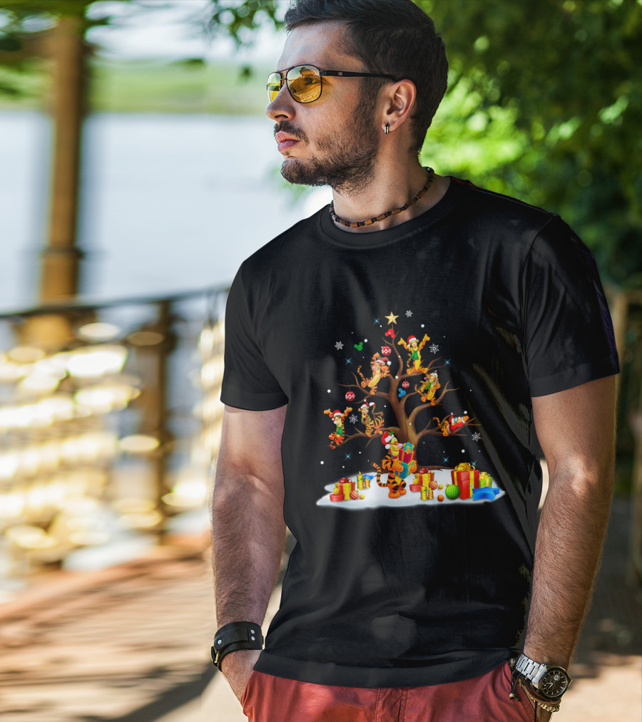 Tigger Christmas Tree With Presents And Santa Hats T-Shirt