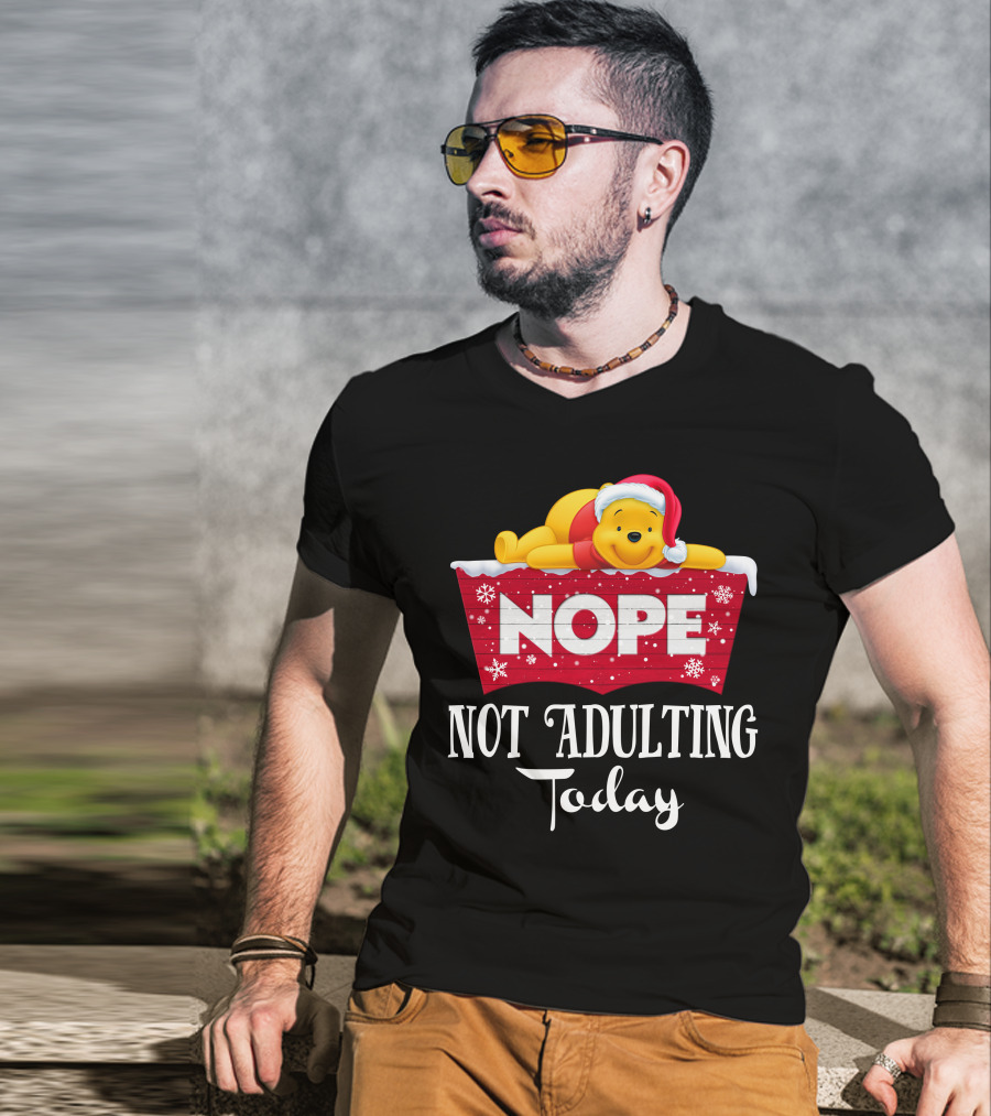 Nope Not Adulting Today Pooh Santa Hat Snowflakes T-Shirt
