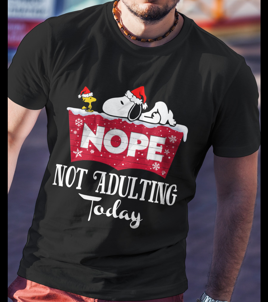 Snoopy Nope Not Adulting Today Christmas Santa Hat Snowflakes T-Shirt