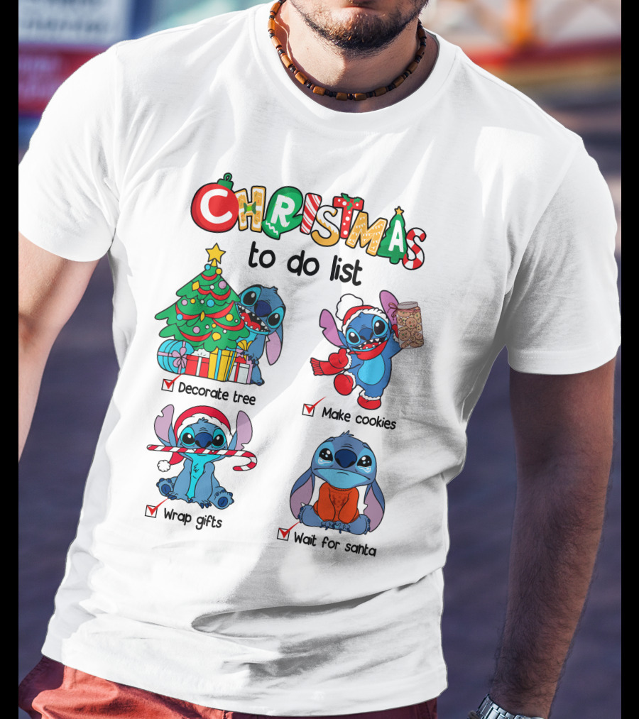 Christmas To Do List Decorate Tree Make Cookies Wrap Gifts Wait For Santa Stitch T-Shirt