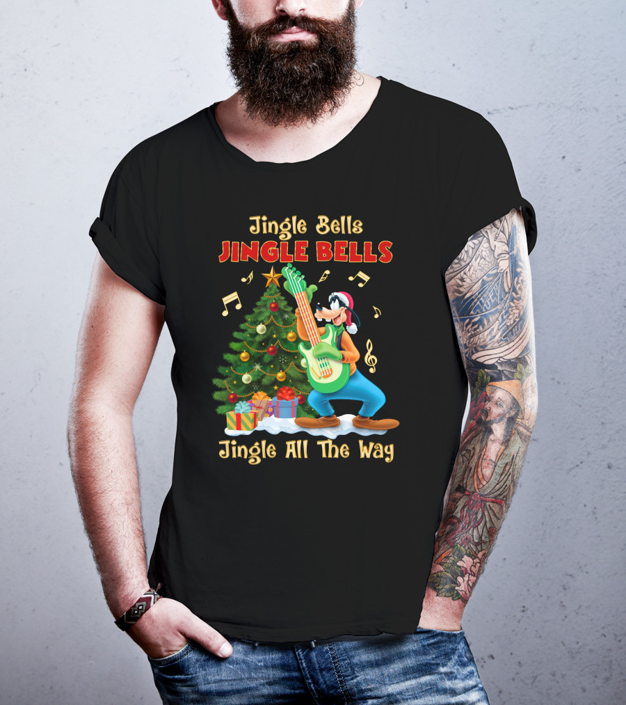 Jingle Bells Jingle Bells Jingle All The Way Goofy Christmas Tree Guitar T-Shirt