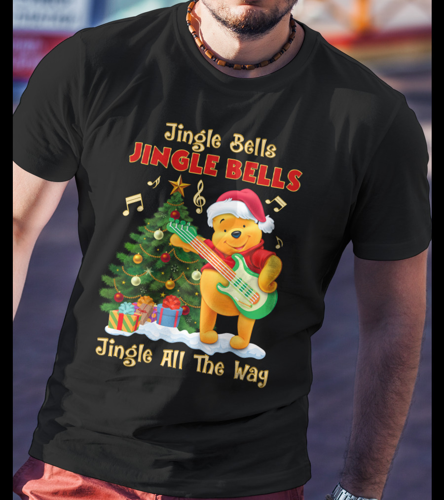 Jingle Bells Jingle Bells Jingle All The Way Christmas Tree Music Notes Pooh Santa Hat Guitar T-Shirt