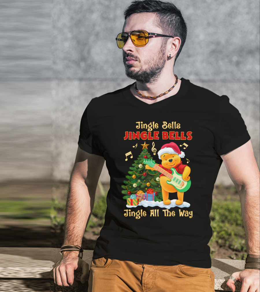 Jingle Bells Jingle Bells Jingle All The Way Christmas Tree Music Notes Pooh Santa Hat Guitar T-Shirt