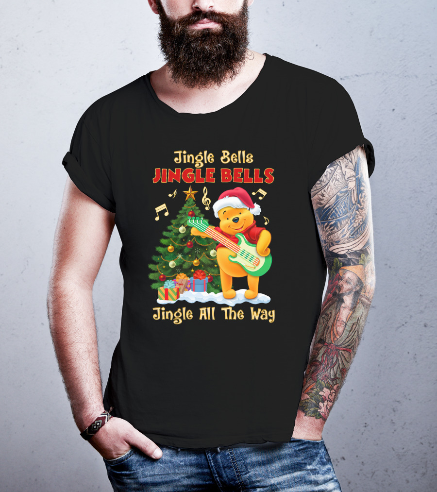 Jingle Bells Jingle Bells Jingle All The Way Christmas Tree Music Notes Pooh Santa Hat Guitar T-Shirt