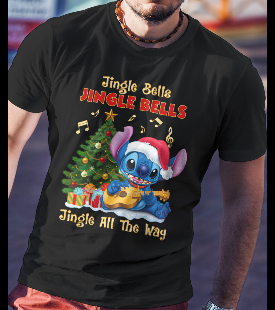 Jingle Bells Jingle Bells Jingle All The Way Stitch Christmas Tree Ukulele T-Shirt