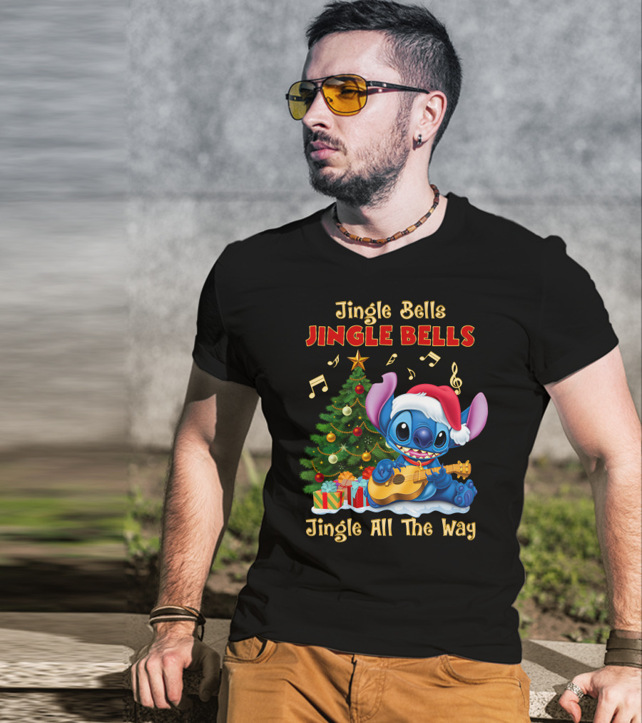 Jingle Bells Jingle Bells Jingle All The Way Stitch Christmas Tree Ukulele T-Shirt