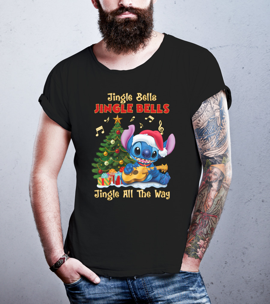 Jingle Bells Jingle Bells Jingle All The Way Stitch Christmas Tree Ukulele T-Shirt