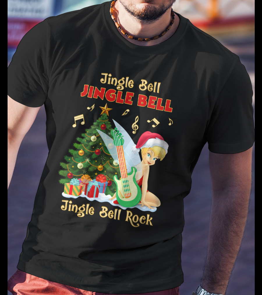 Jingle Bell Jingle Bell Jingle Bell Rock Christmas Tinkerbell Santa Hat Guitar Tree Music T-Shirt