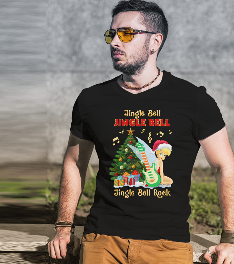 Jingle Bell Jingle Bell Jingle Bell Rock Christmas Tinkerbell Santa Hat Guitar Tree Music T-Shirt