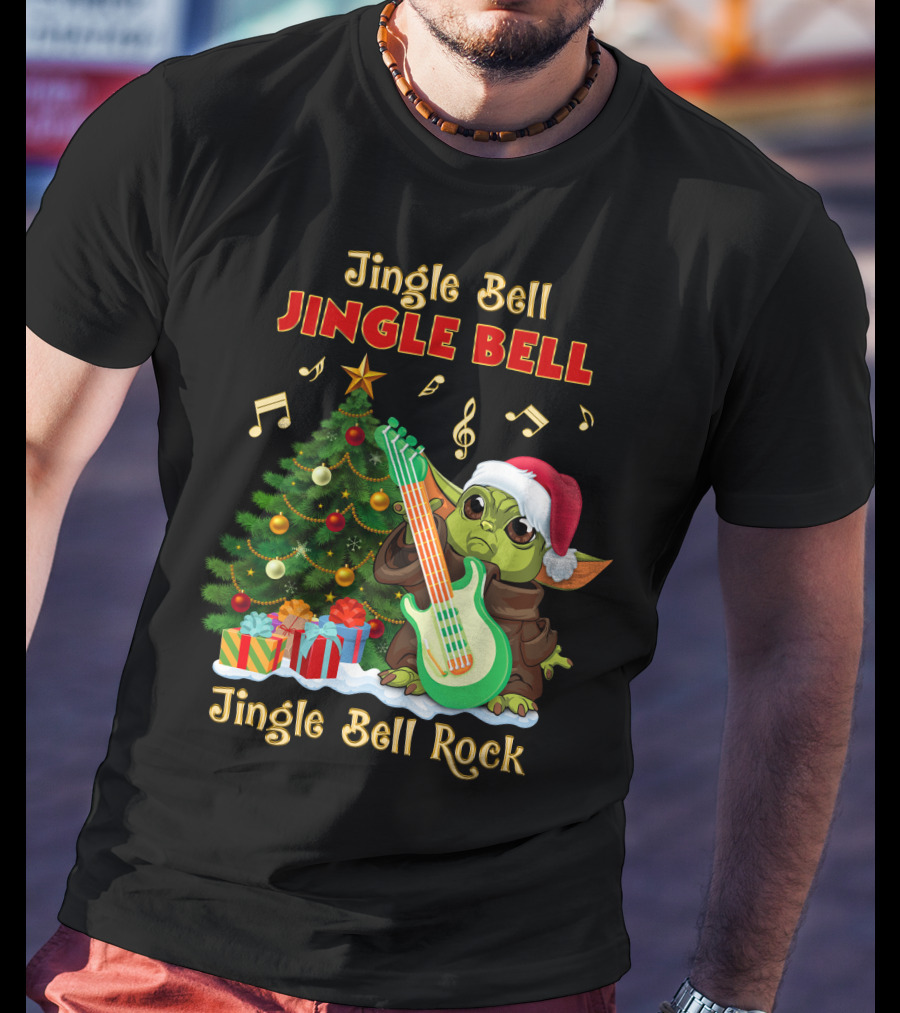 Jingle Bell Jingle Bell Rock Christmas Tree Yoda Santa Hat Guitar Music Notes T-Shirt