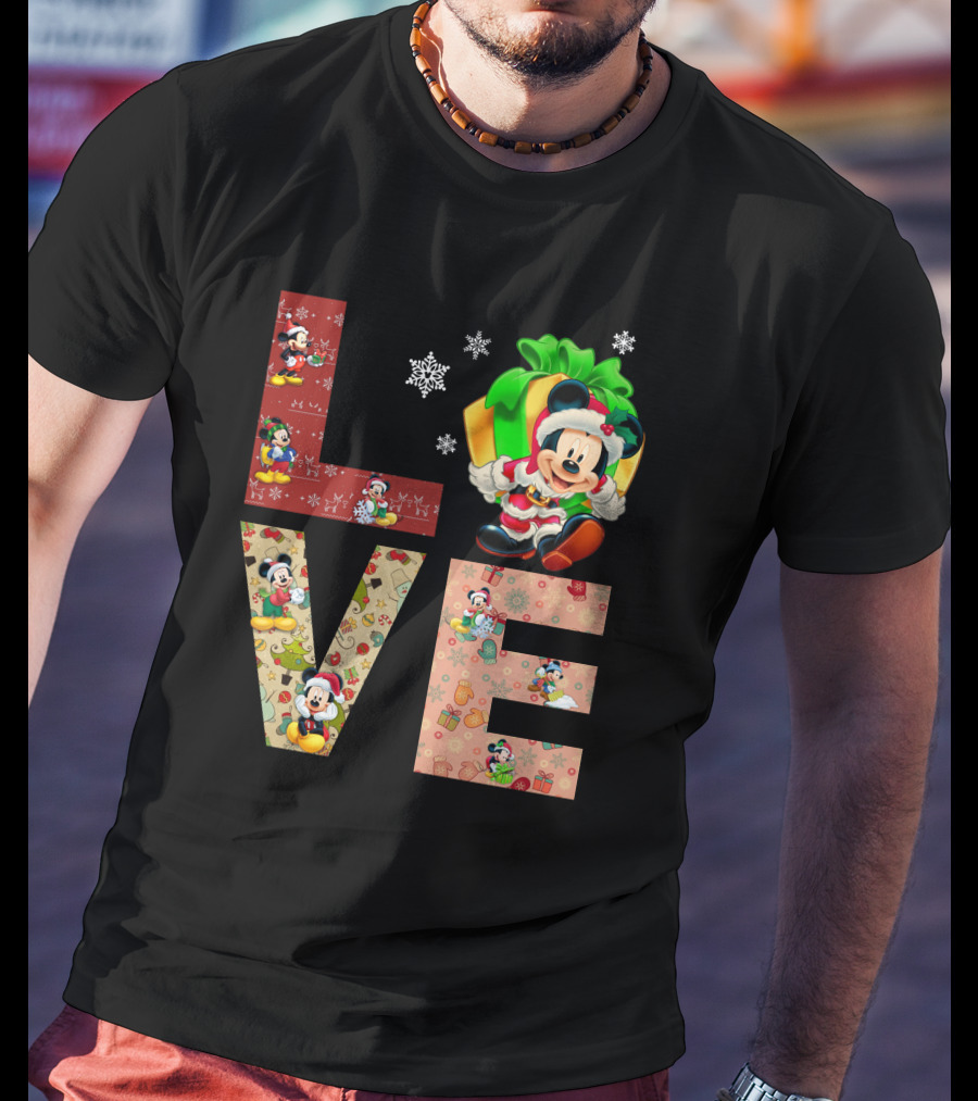 Love Mickey Mouse Christmas Santa Hat Snowflake T-Shirt