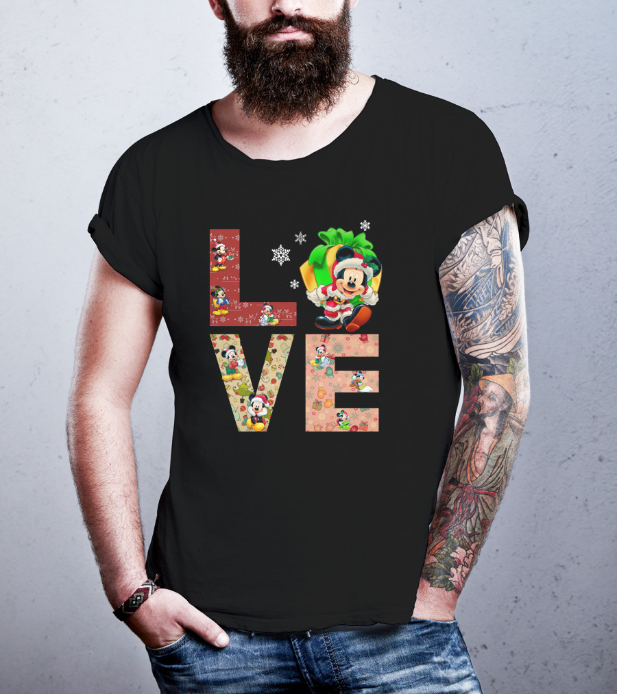 Love Mickey Mouse Christmas Santa Hat Snowflake T-Shirt